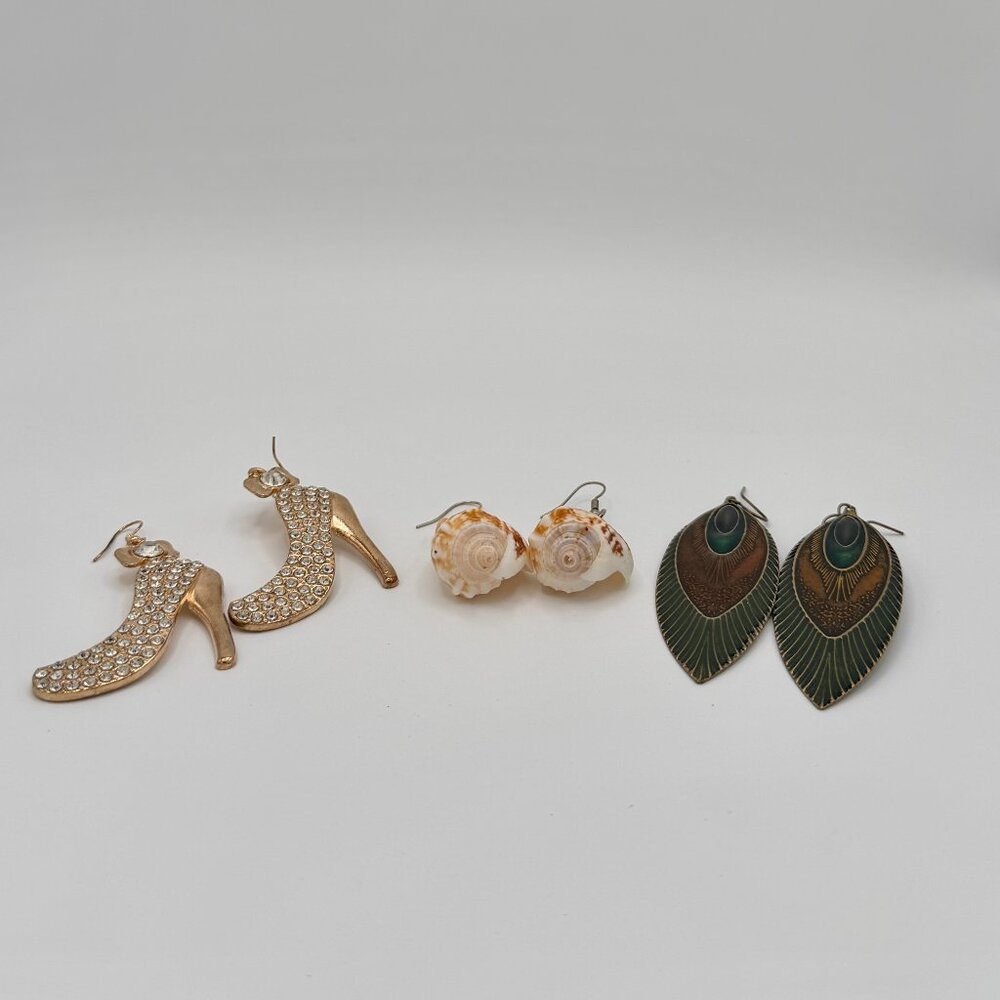 Statement Earring Bundle (3 Pairs) | Heels, Seashells, & Peacock Feather Dangles